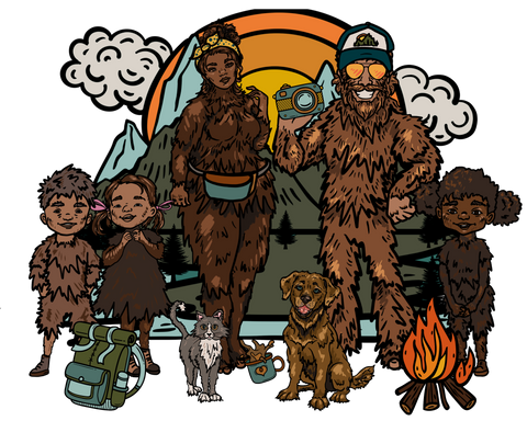 Bigfoot family in front of mountain background