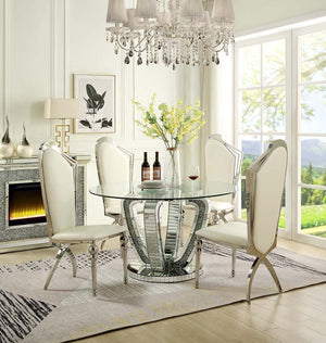 Noralie 5-Pcs Round Dining Set (Silver/White) – Fully Furnished