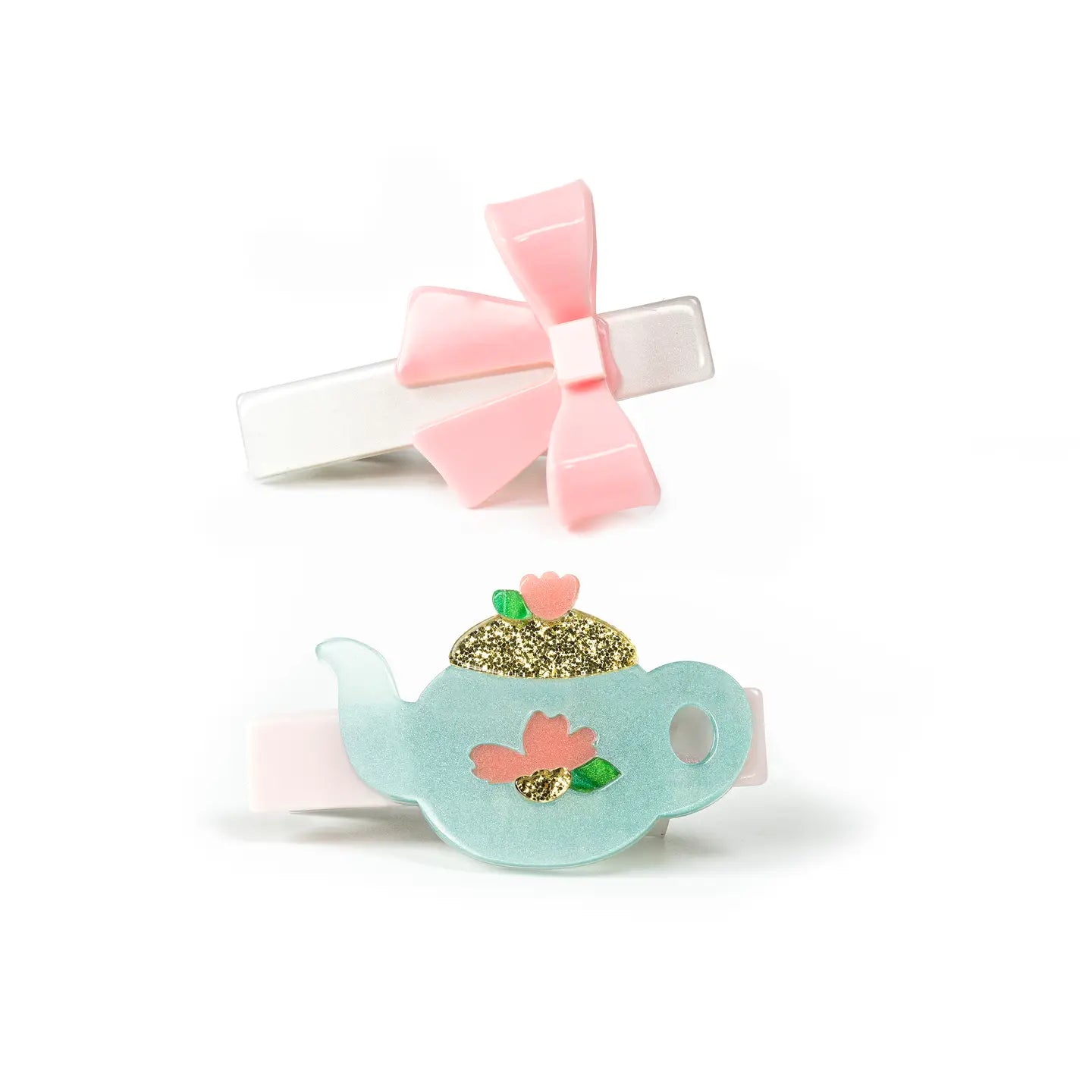 L & R Tea Pot & Bow Hair Clips