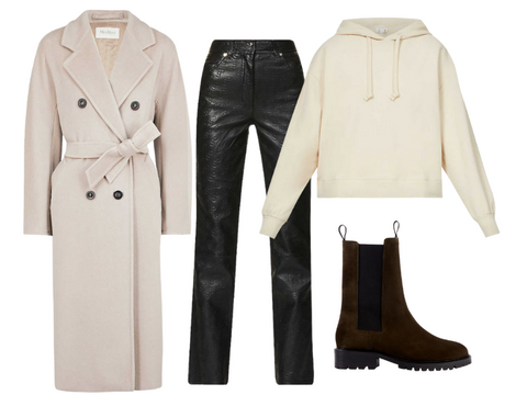 beige trench coat, leather trousers, white hoodie and anonoymous copenhagen boots