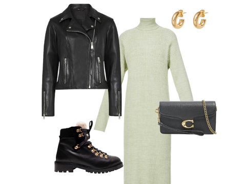 light green turtleneck midi dress, leather dress, chloe bag, chunky boots and gold earrings 