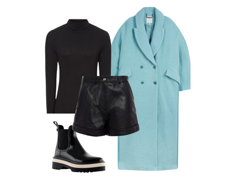 baby blue teddy bear trench coat - chunky chelsea boots - leather shorts - roll neck