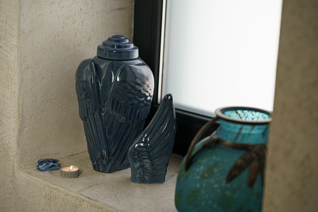 Handmade Cremation Urn for Ashes "Wings" - Large | Blue Melange | Ceramic