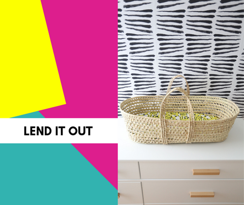 text: lend it out. Image: moses basket with milimili bassinet sheet, against colorful background. 