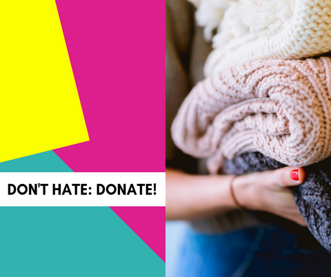 text: dont hate, donate; image: woman holding pile of blankets