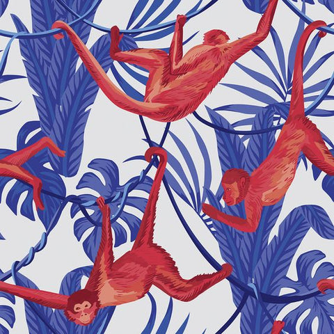 red monkey wallpaper with blue leaves from Walls Need Love
