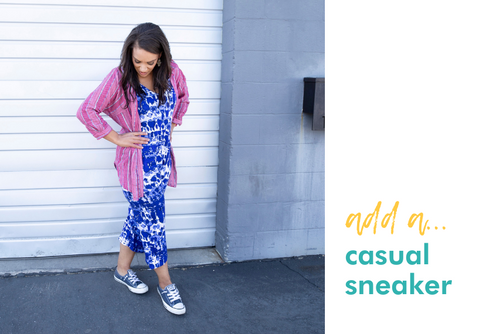 add a: casual sneaker (milimili playa blue sleep romper paired with pink button up and blue chuck taylor sneakers)