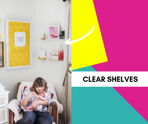 text: clear shelves; image: mom and baby sitting in arm chair with clear shallow shelves above them, holding knick knacks