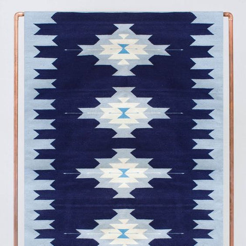 handmade mexican rug in blue aztec pattern