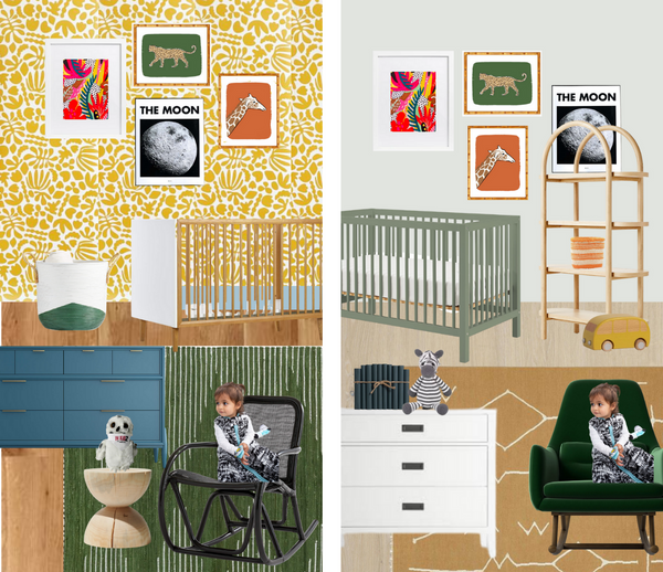 milimili colorful nursery design - featuring milimili art prints. yellow and green retro nurseries