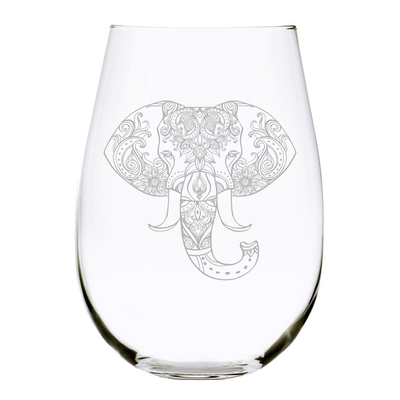 This etched elephant stemless wine glass will be a hit at your next