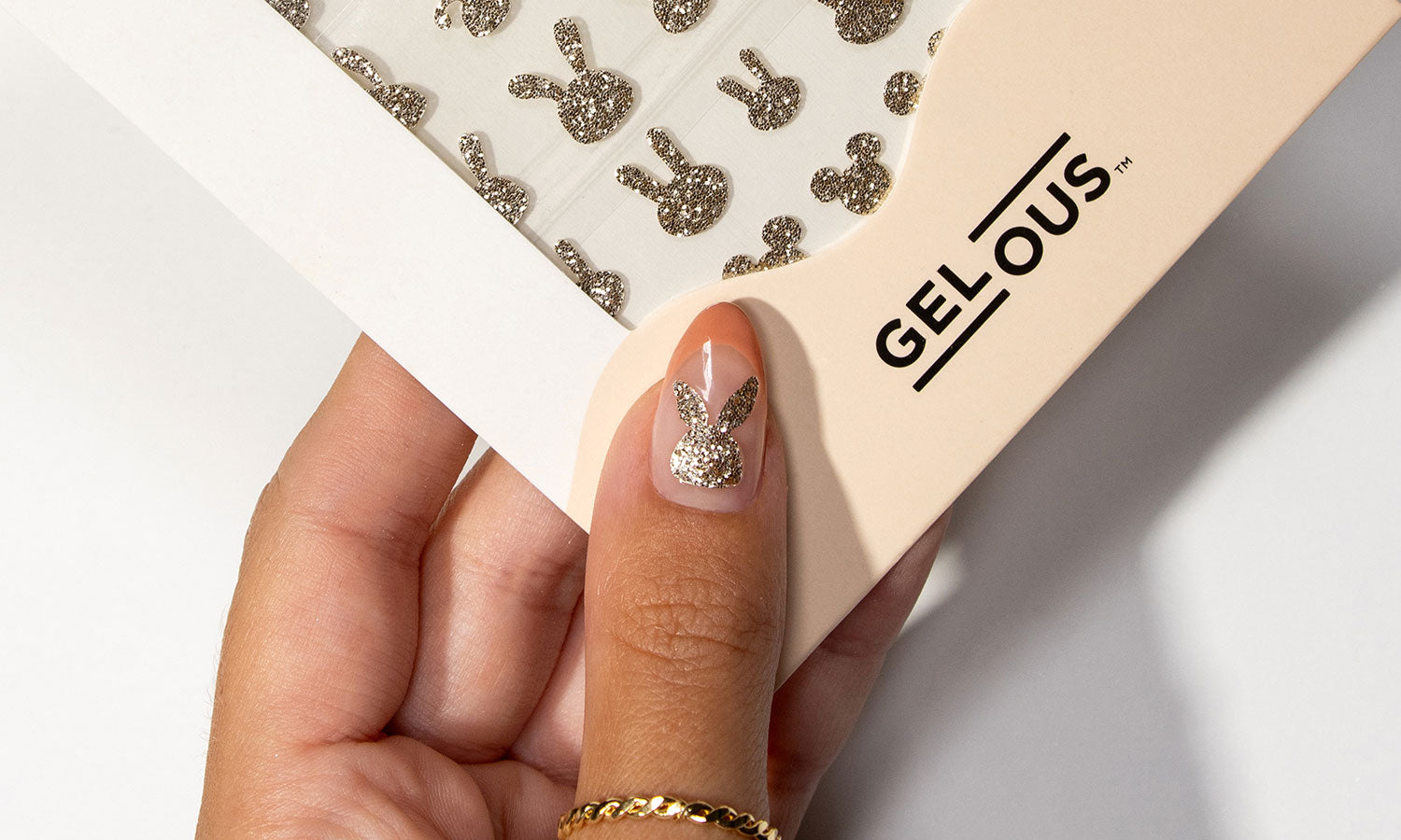 Gelous Gold Glitter Bunny Stickers Nail Art Stickers - photographed in New Zealand on model