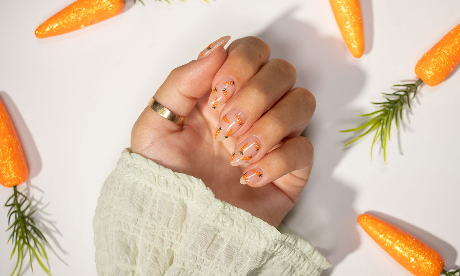 Gelous Mini Carrots Easter Gel Nail Art - photographed in New Zealand on model