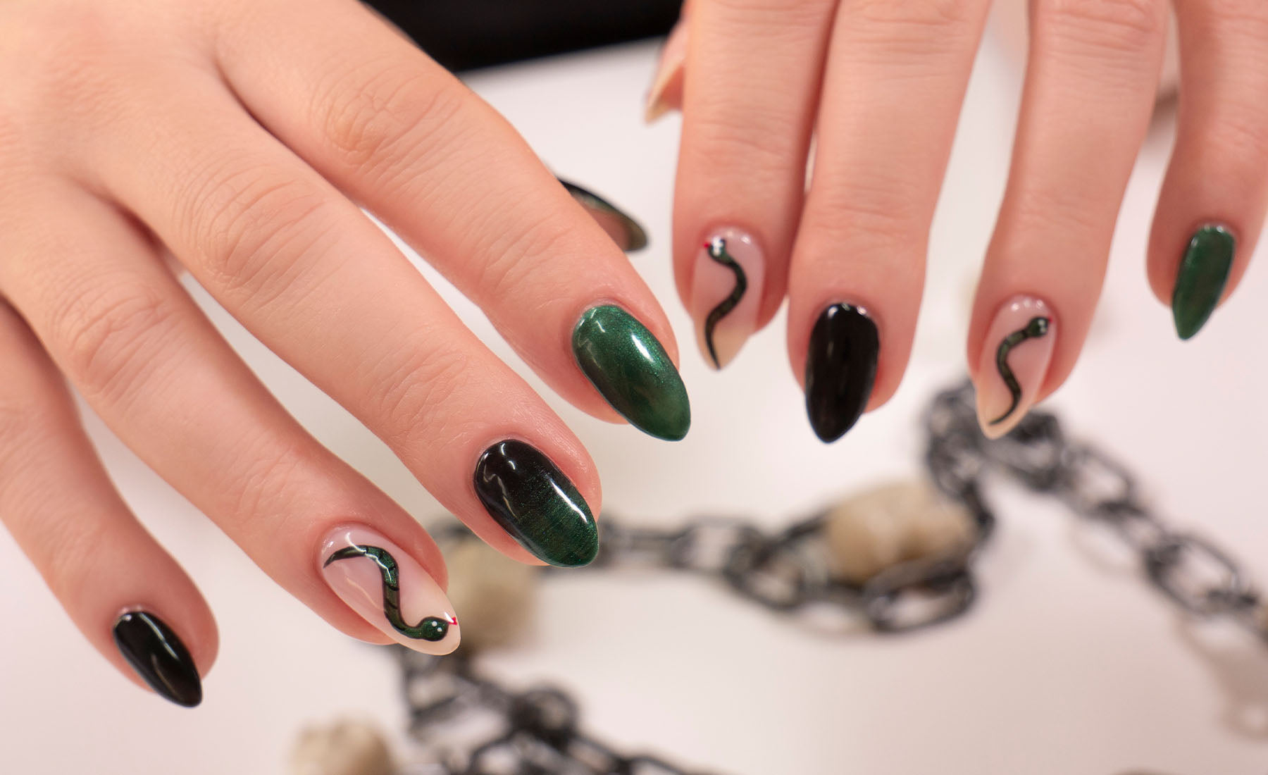 Gelous Halloween Medusa Snakes gel nail art - photographed in New Zealand on model