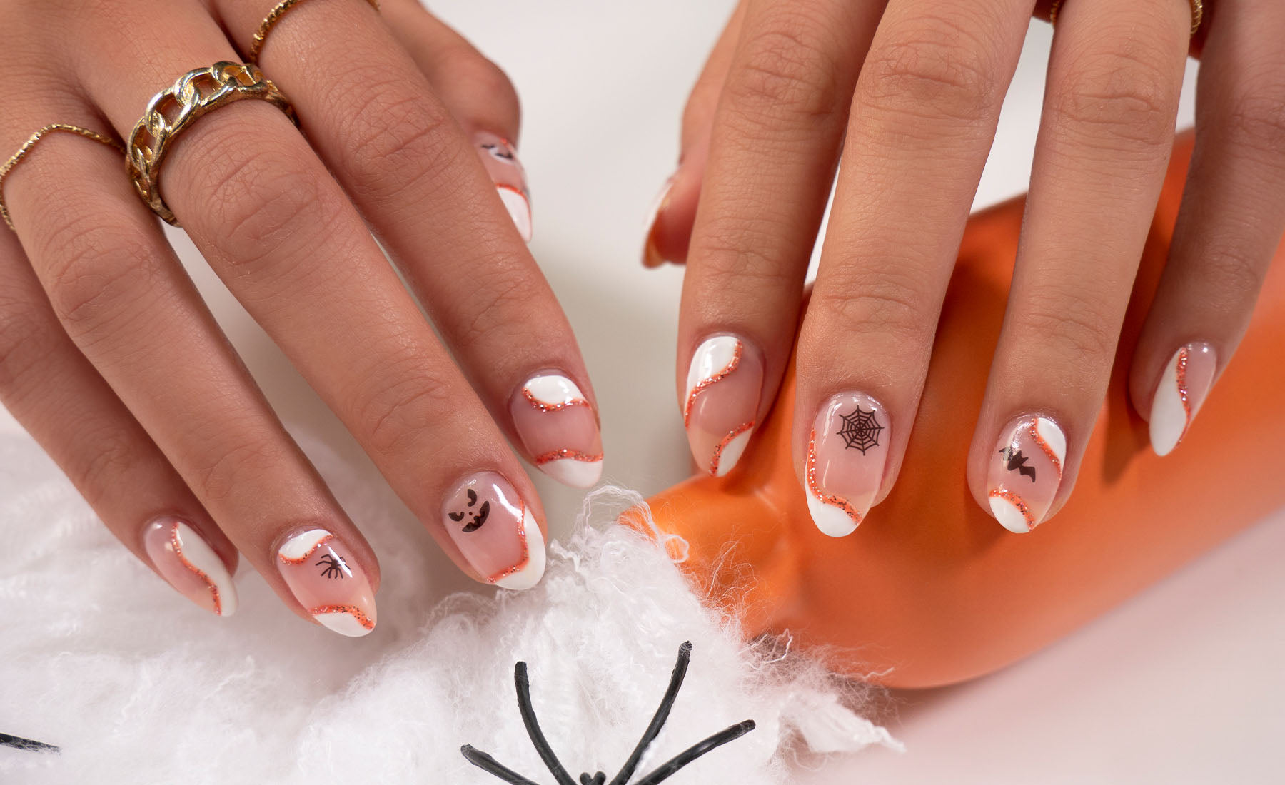 Gelous Halloween Swirls and Stickers gel nail art - photographed in New Zealand on model