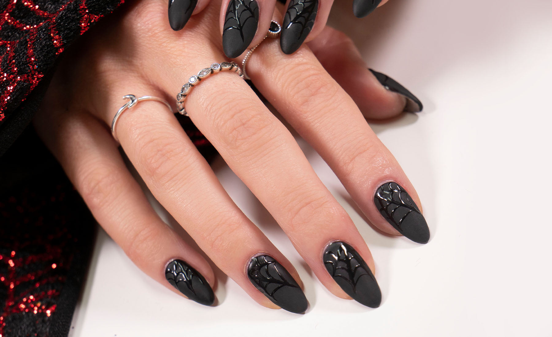 Gelous Halloween Subtle Cobwebs gel nail art - photographed in New Zealand on model