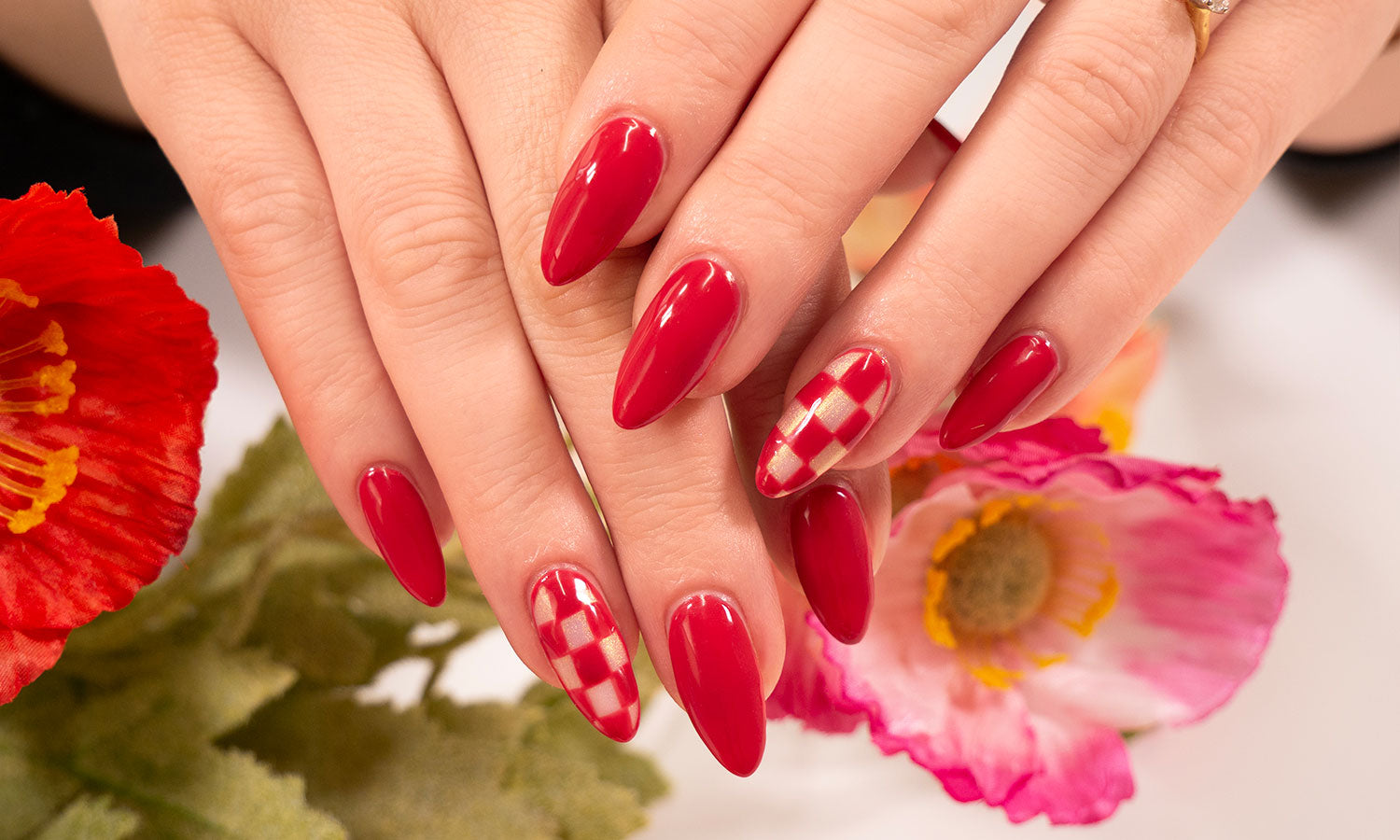 Gelous Red Checkers gel nail art - photographed in New Zealand on model