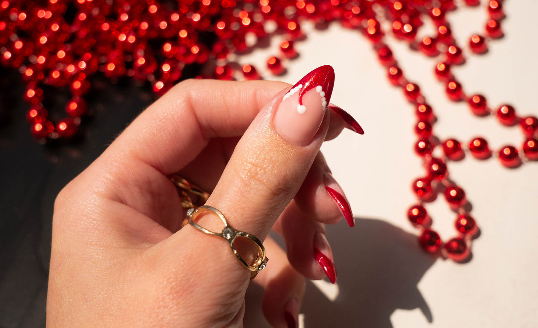 Gelous Santa Hat Gel Nail Art - photographed in New Zealand on model