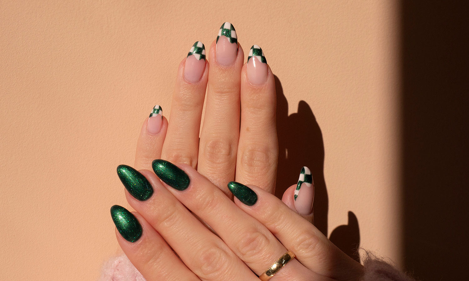 Gelous Green Checkers Wavy French Tip Gel Nail Art - photographed in New Zealand on model