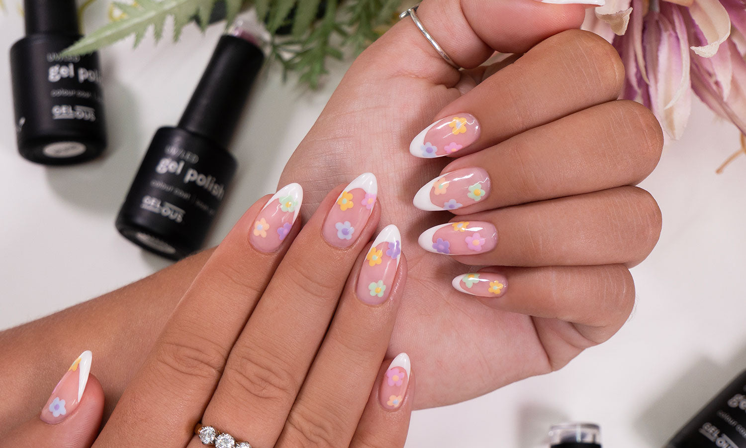 Gelous French Tip Florals Gel Nail Art - photographed in New Zealand on model