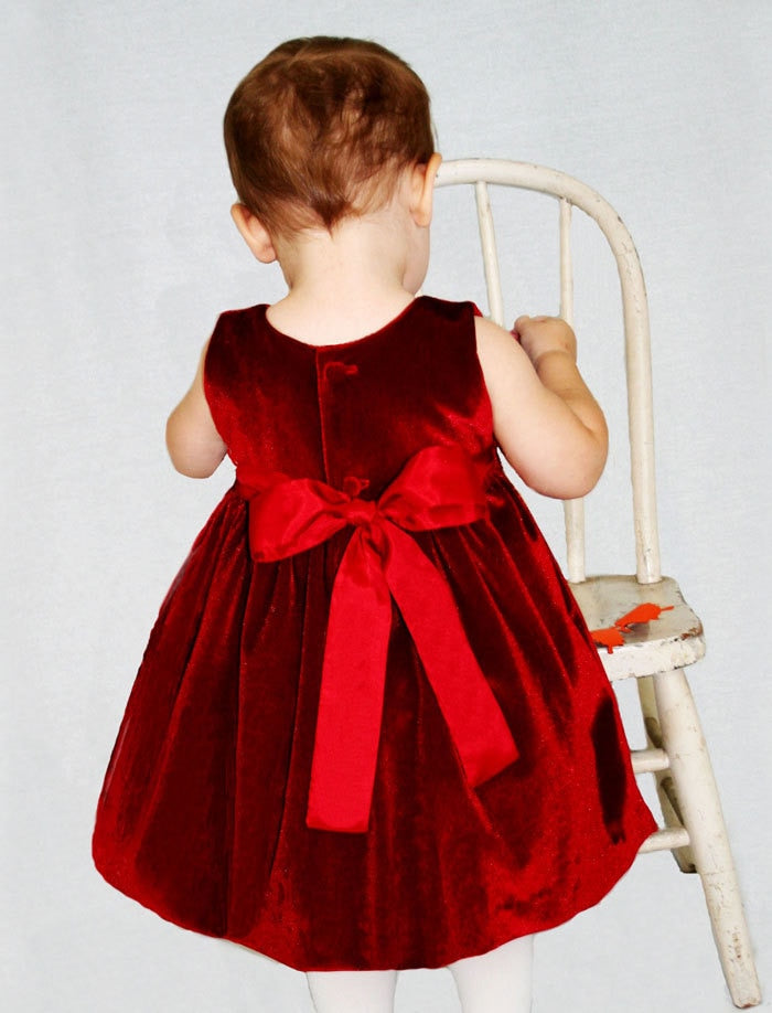 Red Velvet Baby Dress with Rose Sash 