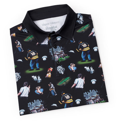 Golf shirt with references to Happy Gilmore movie as pattern