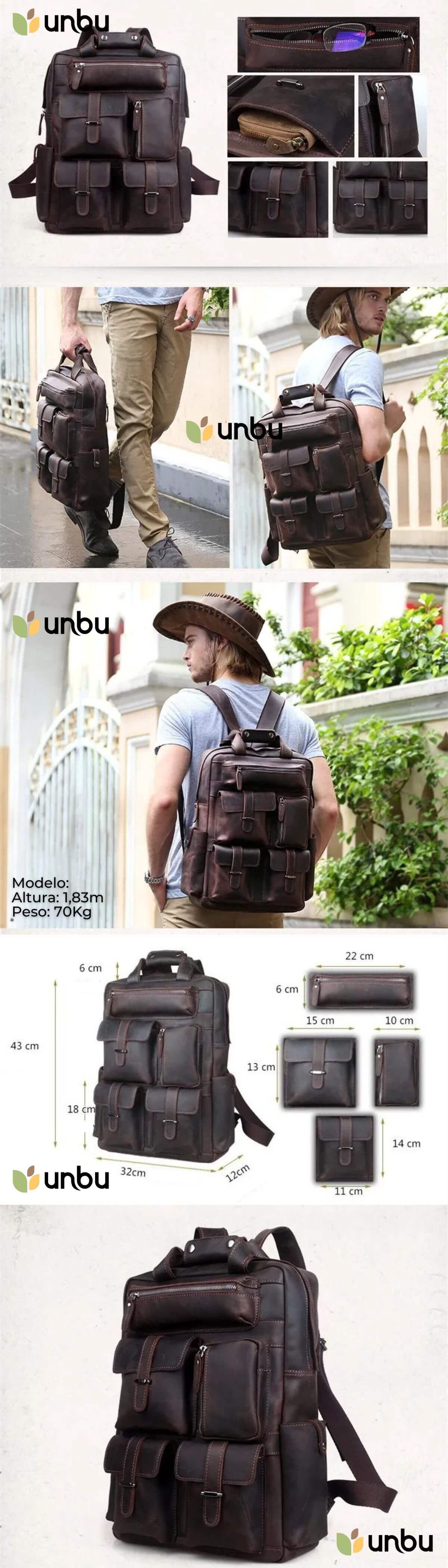 Mochila de Couro Legítimo Premium Traveler Unbu