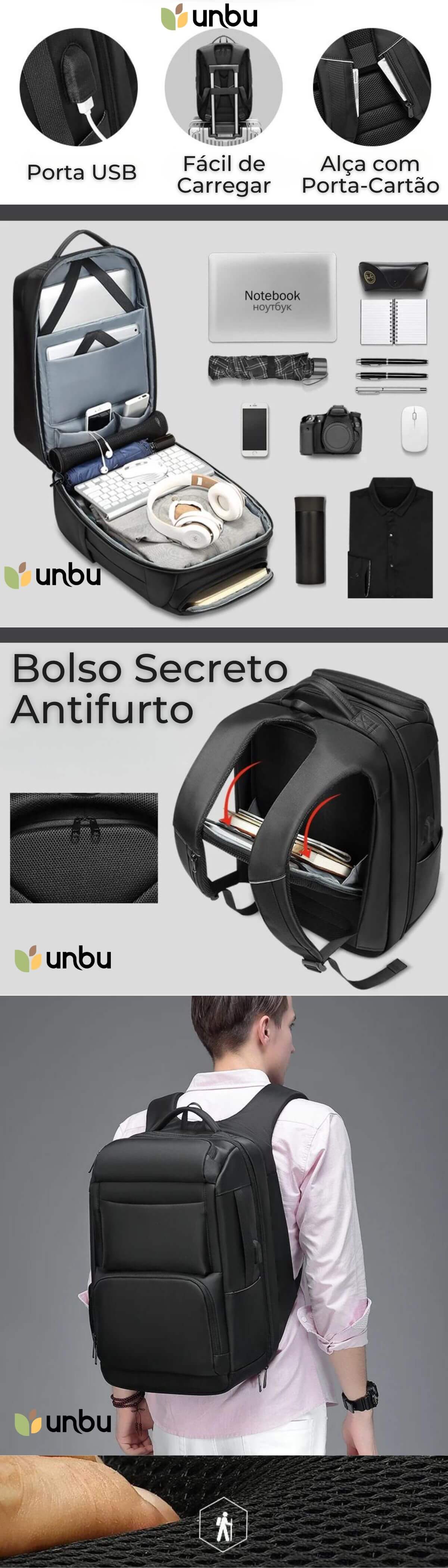 Mochila Preta Executiva Conquer Unbu 35L com Porta USB