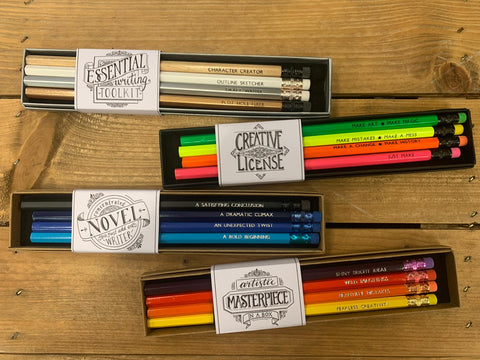 Image shows four HB pencil sets in various colours with different titles such as Concentrated Novel, Just Add Writer, Creative License, Artistic License, Essential Writing Toolkit.