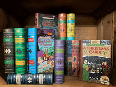 Image of the complete Jigsaw Library collection featuring puzzles in the shape of books.