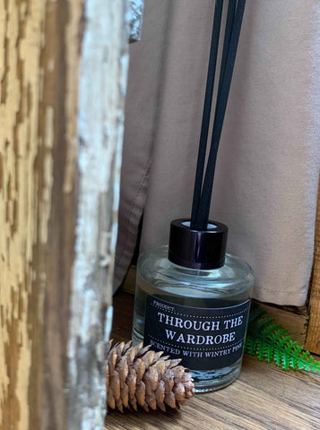 Image showing Through the Wardrobe scent portal reed diffuser with a pine cone and fir tree branch.