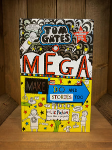 Image of the front cover of the book Mega Make and Do and Stories Too! Cover is in bold colours of red, blue, yellow, and silver, and features cartoon style illustrations of people and crafting activities.