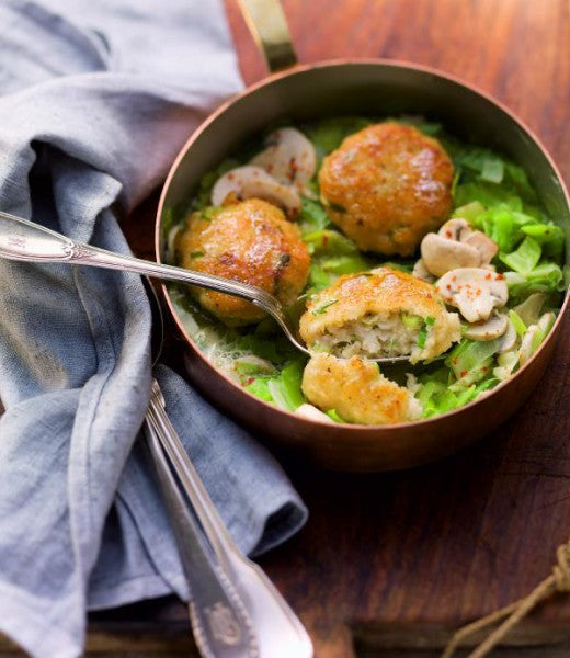 Fischpflanzerl mit Lauch-Champignon-Gemüse