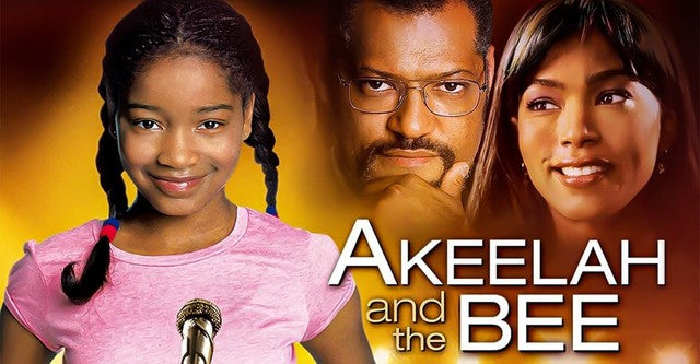 Akeelah and the Bee- an 11 year old girl has a talent for spelling. The movie poster shows a young black girl in front of a microphone in front of her professor (actor Laurence Fishburn and her mother played by Angela Bassett)