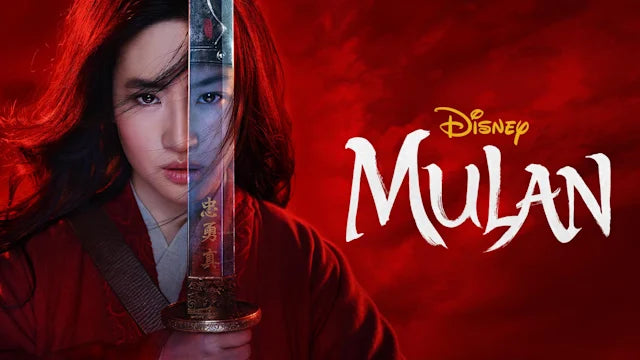 Mulan by Disney. Young brave Chinese girl holding her sword against a red background. A movie about a young woman who beats the constraints of gender sterotypes.