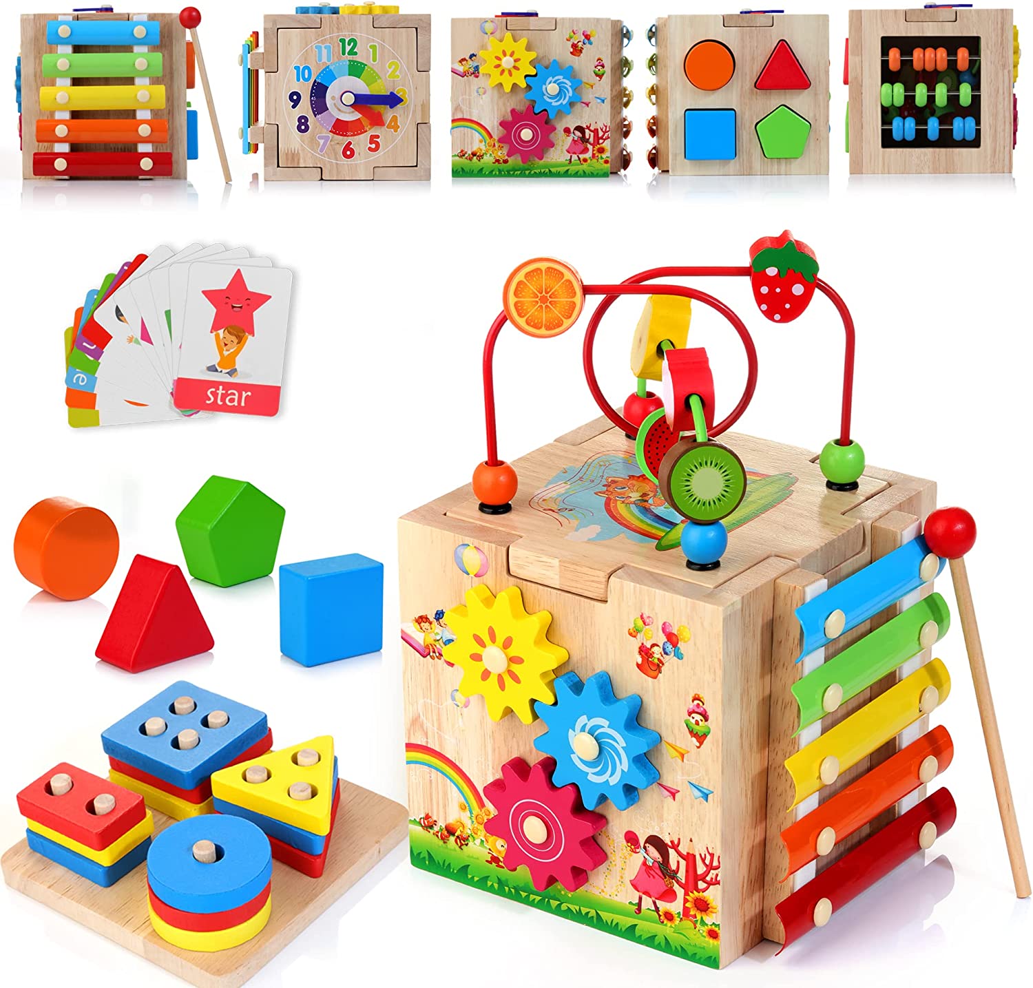 Wooden activity cube educational toy to encourage inquisitive minds in baby girls