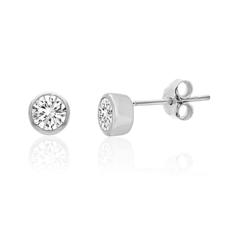 Bezel Set Cubic Zirconia Stud Earrings in Rhodium Plated Sterling Silv ...