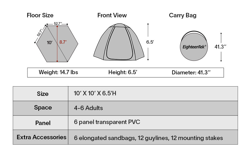 EighteenTek 10'x10' Pop Up Bubble Tent Specification