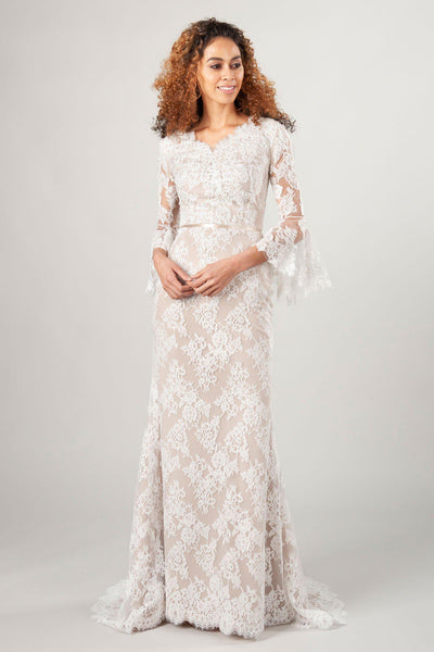 long sleeve modest wedding dresses, the Giselle in nude/ivory at LatterDayBride, a wedding dress shop in SLC