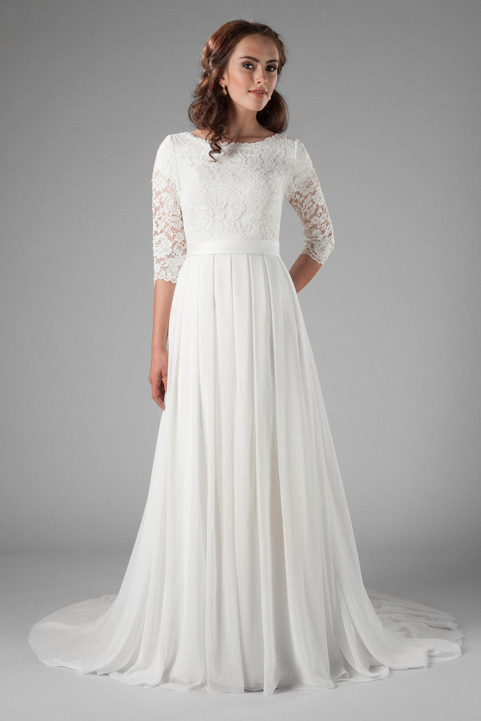 high neck tea length wedding dress