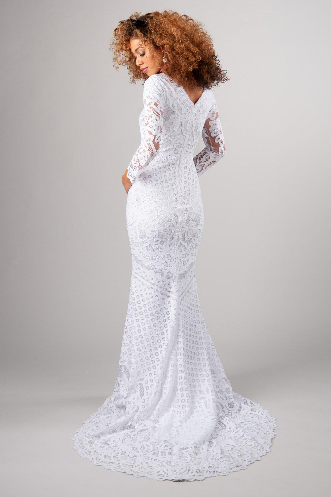 Back of Lace wedding gown with long sleeves, style Lorna, is part of the Wedding Collection of LatterDayBride, a Salt Lake City bridal shop.