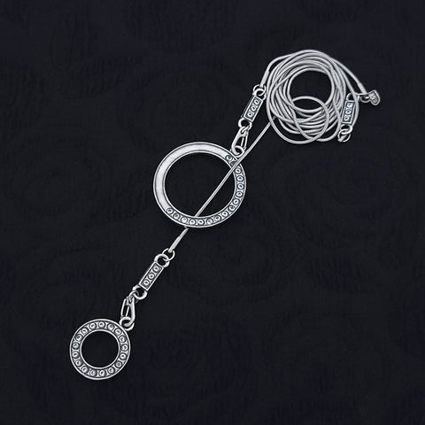 LARIAT with Big Circle half CZ as the open piece, and small circle full CZ as pendant, linked by a chain with CZ links.