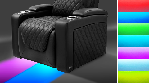 RGB Cup Holder and Base Lighting Close-Up View of A Luxurious, Onyx, Wood and Steel Frame, Semi-Aniline Italian Nappa Leather Oslo Luxury Edition Home Theater Seating.