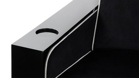 Piano Black Wood Accented Armrests Close-Up View of A Luxurious, Midnight Black, Piano Black Wood Frame, Naples Elegance Italian Leather Chair.