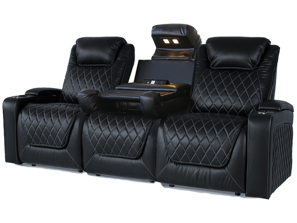 Right Angled Front View of A Luxurious, Midnight Black, Wood and Steel Frame, Oslo Console Edition Theater Seating.