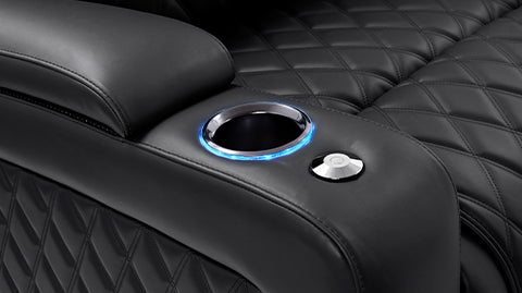 Black Chrome Cup Holders Close-Up View of A Luxurious, Onyx, Wood and Steel Frame, Oslo Luxury Console Edition Home Theater Seating.