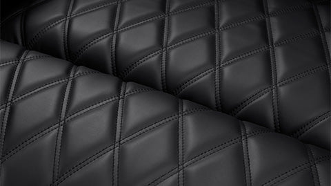 French Diamond Stitching Close-Up View of A Luxurious, Onyx, Wood and Steel Frame, Semi-Aniline Italian Nappa Leather Oslo Luxury Edition Home Theater Seating.