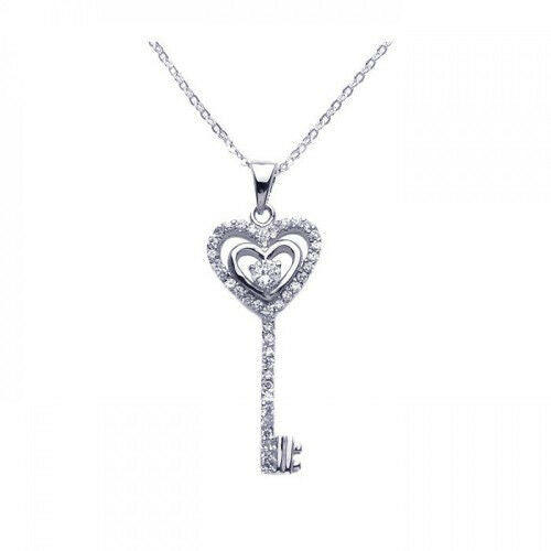 Womens 925 sterling silver open heart key cz necklace