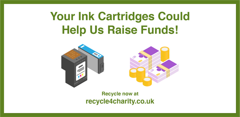 A logo from recycle 4 charity showing ink cartridges next to a pile of money