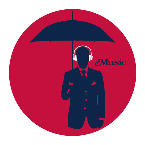 Man holding umbrella with headphones on. Music.